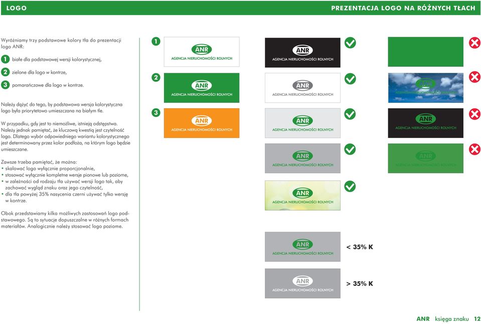 Należy jednak pamiętać, że kluczową kwestią jest czytelność logo. Dlatego wybór odpowiedniego wariantu kolorystycznego jest determinowany przez kolor podłoża, na którym logo będzie umieszczane.