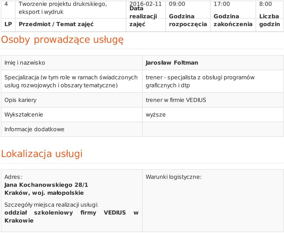 Opis kariery Wykształcenie Jarosław Foltman trener - specjalista z obsługi programów graficznych i dtp trener w firmie VEDIUS wyższe Informacje dodatkowe