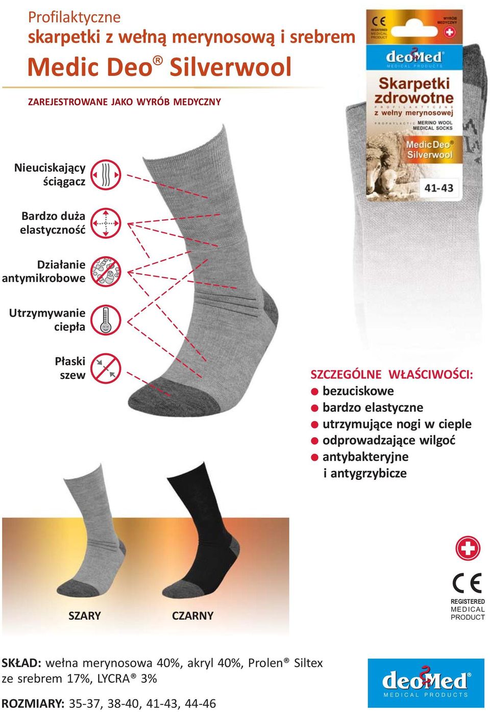 odprowadzające wilgoć antybakteryjne i antygrzybicze SZARY CZARNY REGISTERED MEDICAL PRODUCT SKŁAD: