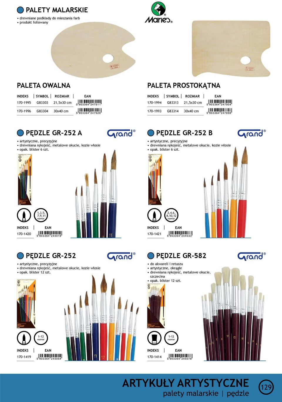 PĘDZLE Gr-252 B artystyczne, precyzyjne kozie włosie opak. blister 6 szt.