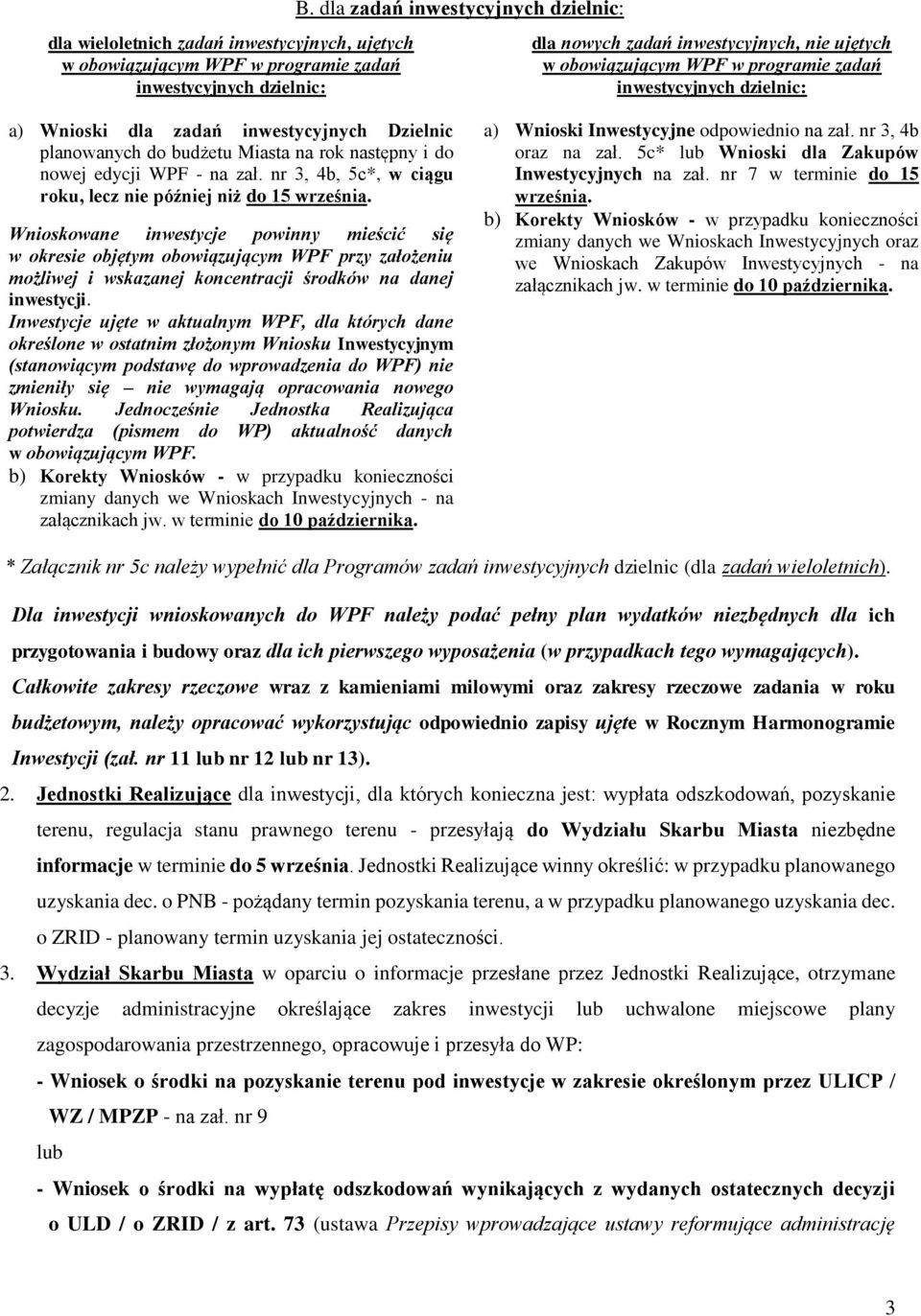 do budżetu Miasta na rok następny i do nowej edycji WPF - na zał. nr 3, 4b, 5c*, w ciągu roku, lecz nie później niż do 15 września.