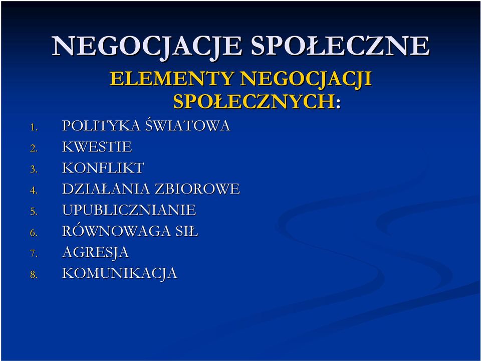 KWESTIE 3. KONFLIKT 4. DZIAŁANIA ANIA ZBIOROWE 5.