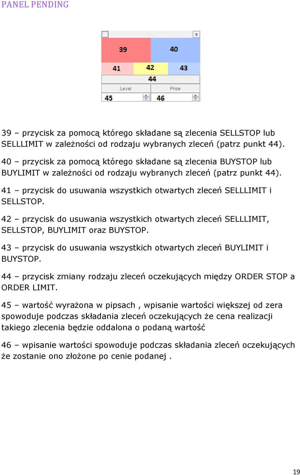 41 przycisk do usuwania wszystkich otwartych zleceń SELLLIMIT i SELLSTOP. 42 przycisk do usuwania wszystkich otwartych zleceń SELLLIMIT, SELLSTOP, BUYLIMIT oraz BUYSTOP.
