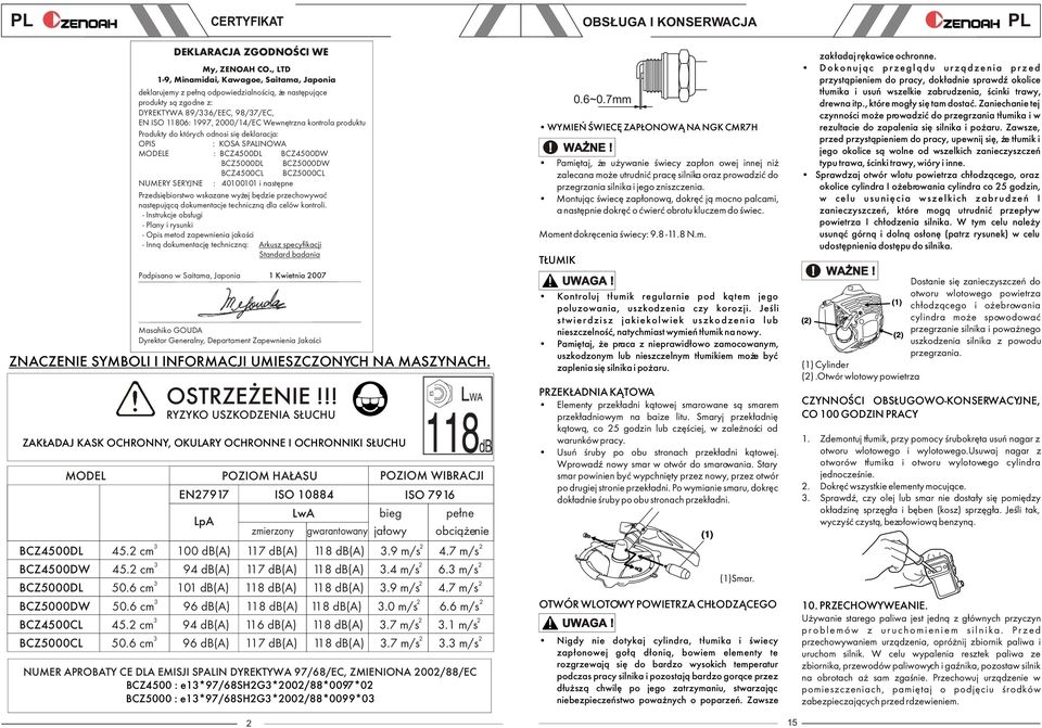 kontrola produktu Produkty do których odnosi siê deklaracja: OPIS : KOSA SPALINOWA MODELE : BCZ4500DL BCZ4500DW BCZ5000DL BCZ5000DW BCZ4500CL BCZ5000CL NUMERY SERYJNE : 40100101 i nastêpne