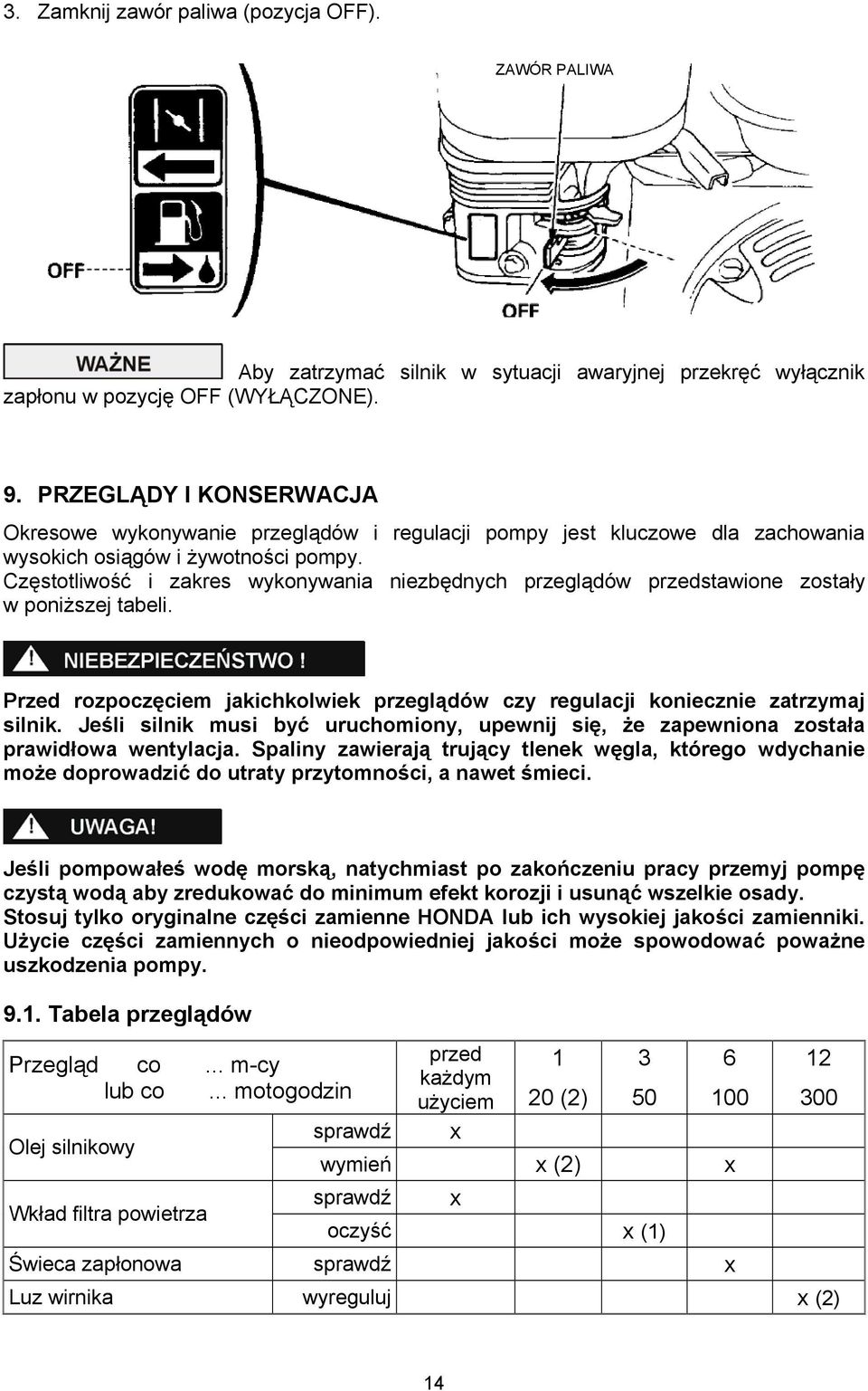 Częstotliwość i zakres wykonywania niezbędnych przeglądów przedstawione zostały w poniższej tabeli. Przed rozpoczęciem jakichkolwiek przeglądów czy regulacji koniecznie zatrzymaj silnik.