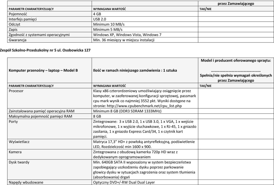 Osobowicka 127 Komputer przenośny laptop Model B Ilość w ramach niniejszego zamówienia : 1 sztuka Procesor Klasy x86 czterordzeniowy umożliwiający osiągnięcie przez komputer, w zaoferowanej