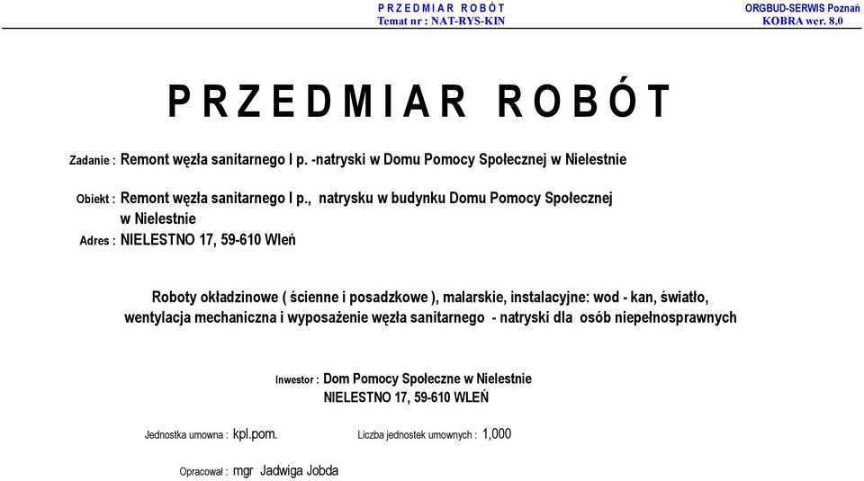 , natrysku w budynku Domu Pomocy Społecznej w Nielestnie Adres : NIELESTNO 17, 59-610 Wleń Inwestor :