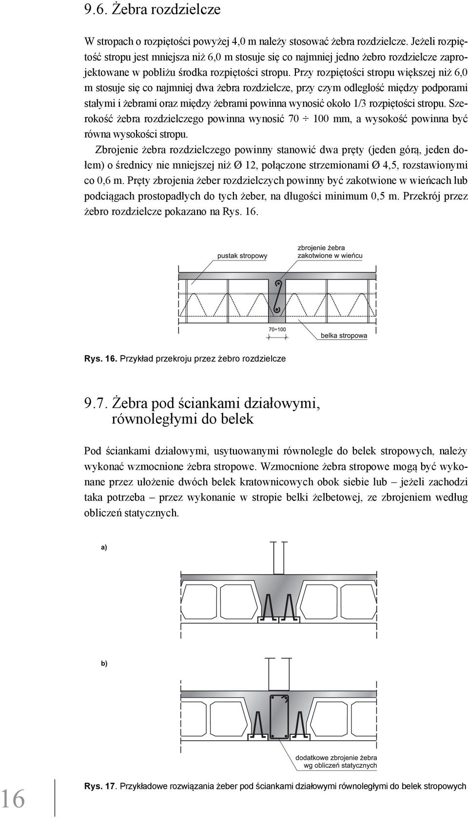 Przy rozpiętości stropu większej niż 6,0 m stosuje się co najmniej dwa żebra rozdzielcze, przy czym odległość między podporami stałymi i żebrami oraz między żebrami powinna wynosić około 1/3