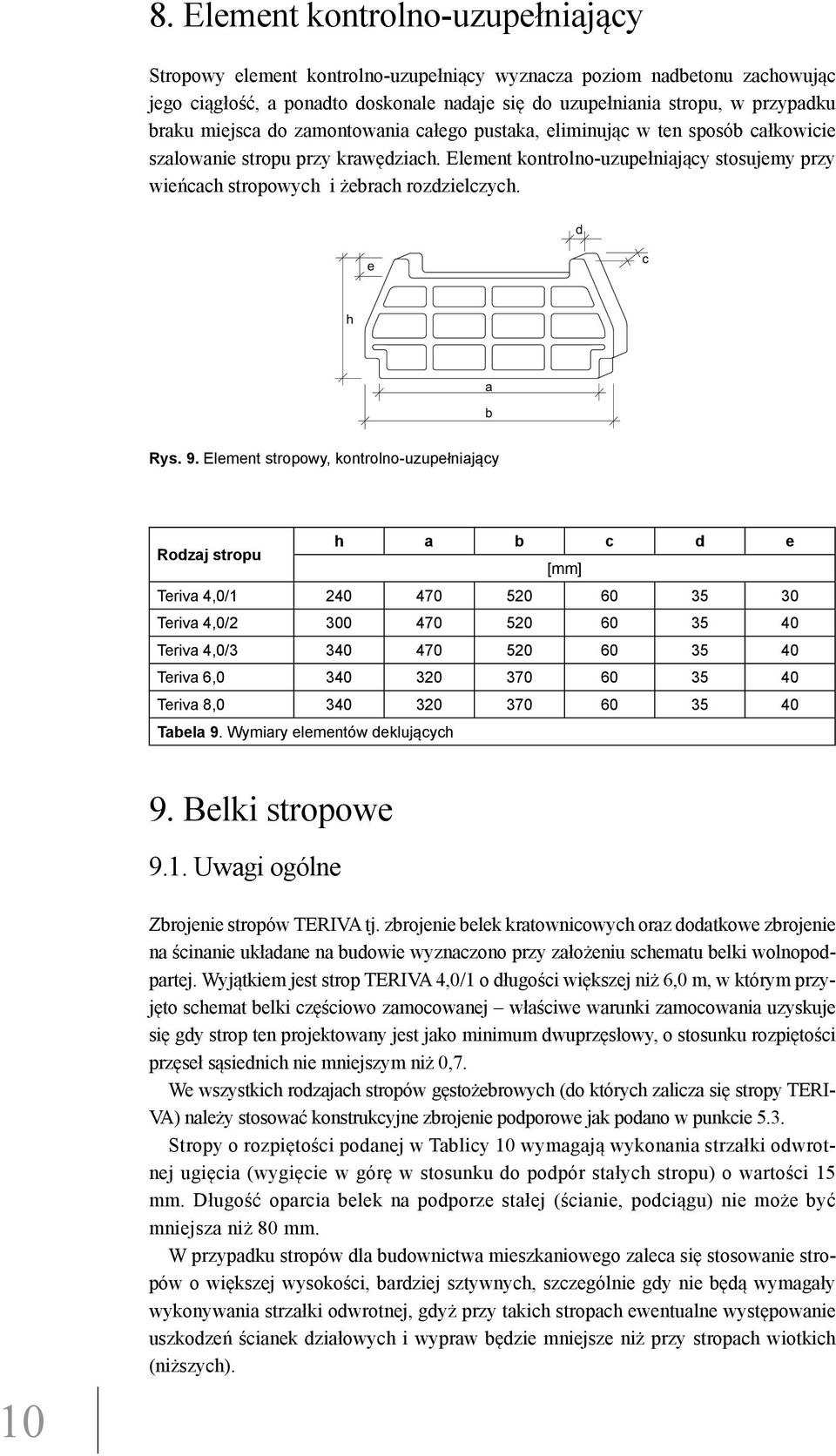 Element kontrolno-uzupełniający stosujemy przy wieńcach stropowych i żebrach rozdzielczych. Rys. 9.