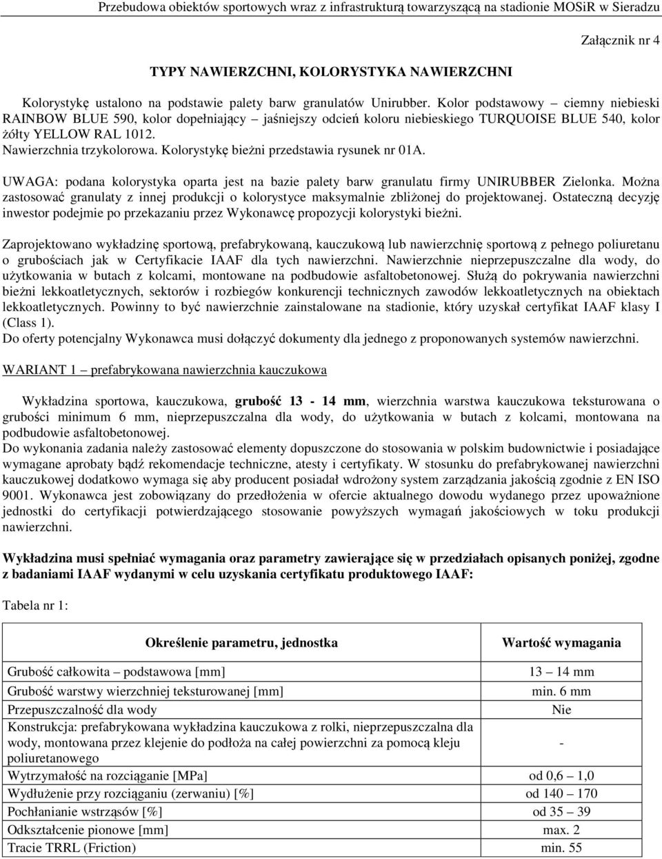 Kolorystykę bieżni przedstawia rysunek nr 01A. UWAGA: podana kolorystyka oparta jest na bazie palety barw granulatu firmy UNIRUBBER Zielonka.