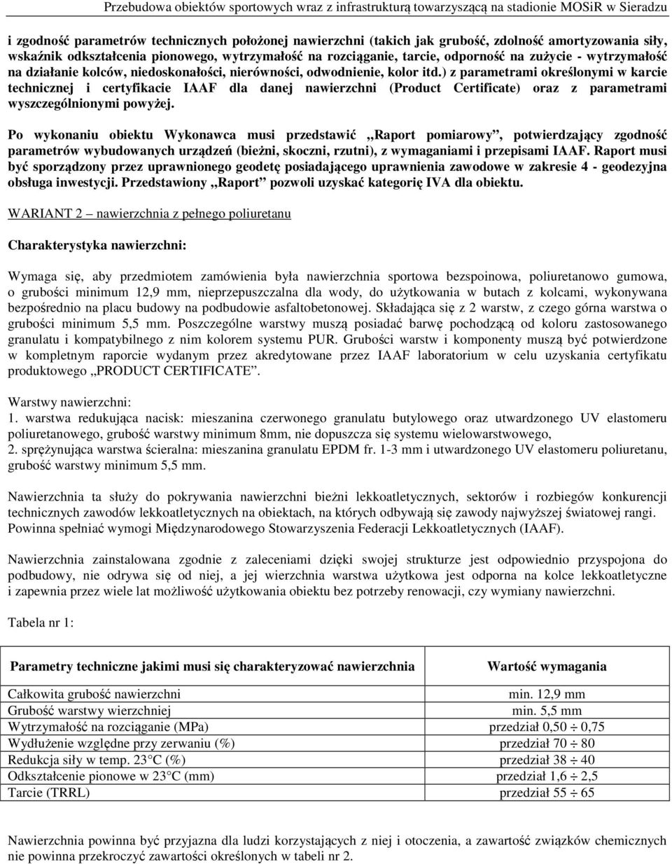 ) z parametrami określonymi w karcie technicznej i certyfikacie IAAF dla danej nawierzchni (Product Certificate) oraz z parametrami wyszczególnionymi powyżej.