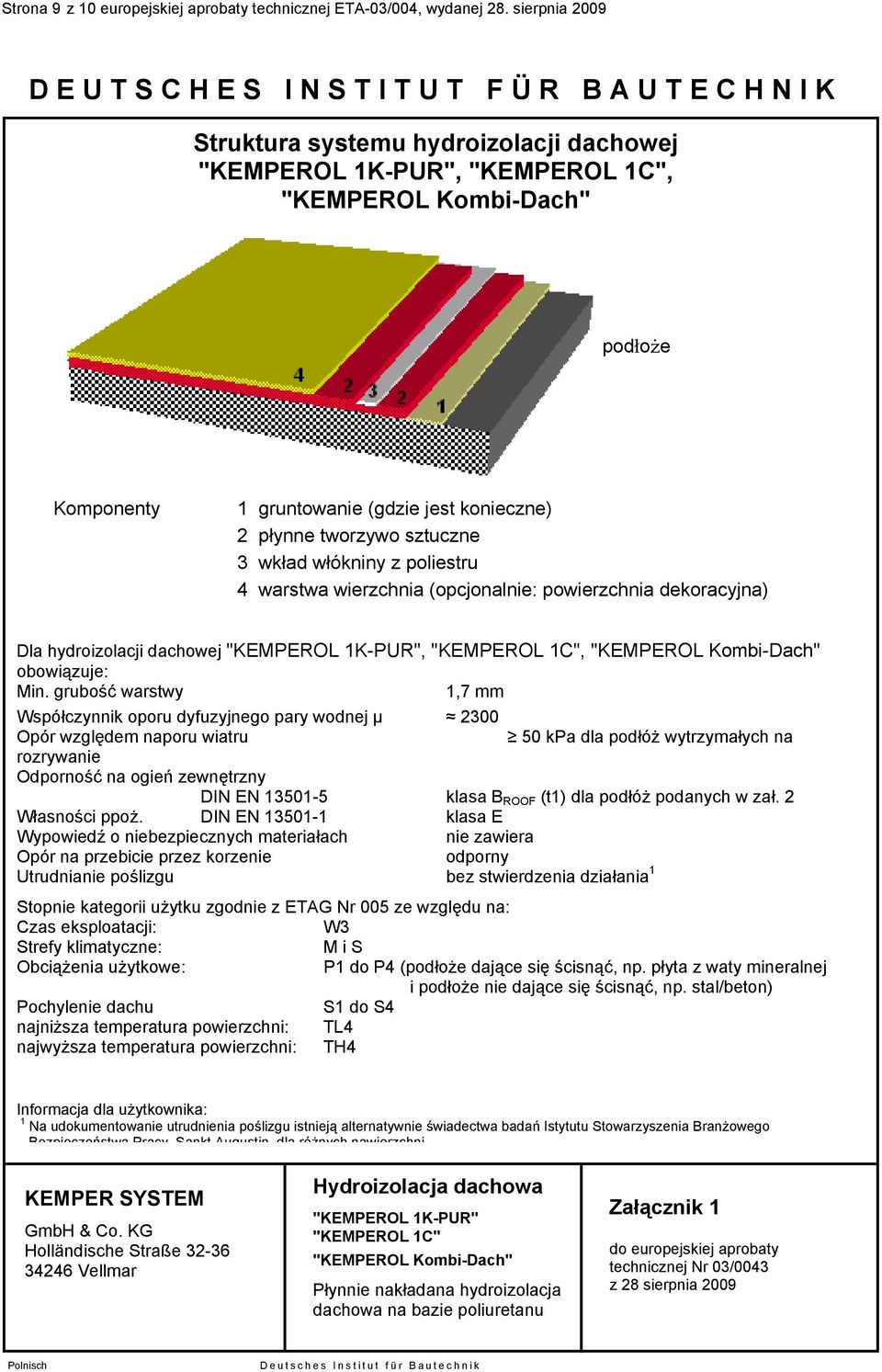 gruntowanie (gdzie jest konieczne) 2 płynne tworzywo sztuczne 3 wkład włókniny z poliestru 4 warstwa wierzchnia (opcjonalnie: powierzchnia dekoracyjna) Dla hydroizolacji dachowej "KEMPEROL 1K-PUR",