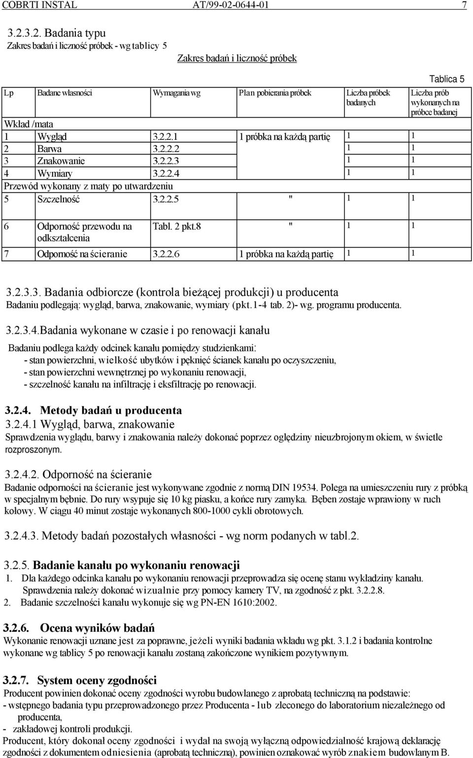 3.2. Badania typu Zakres badań i liczność próbek - wg tablicy 5 Zakres badań i liczność próbek Lp Badane własności Wymagania wg Plan pobierania próbek Liczba próbek badanych Wkład /mata 1 Wygląd 3.2.2.1 1 próbka na każdą partię 1 1 2 Barwa 3.