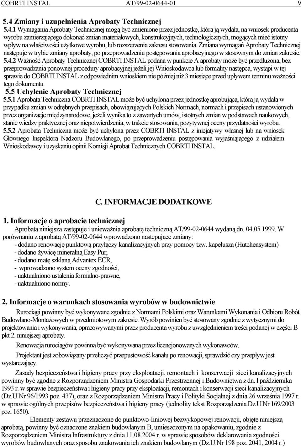 Zmiany i uzupełnienia Aprobaty Technicznej 5.4.