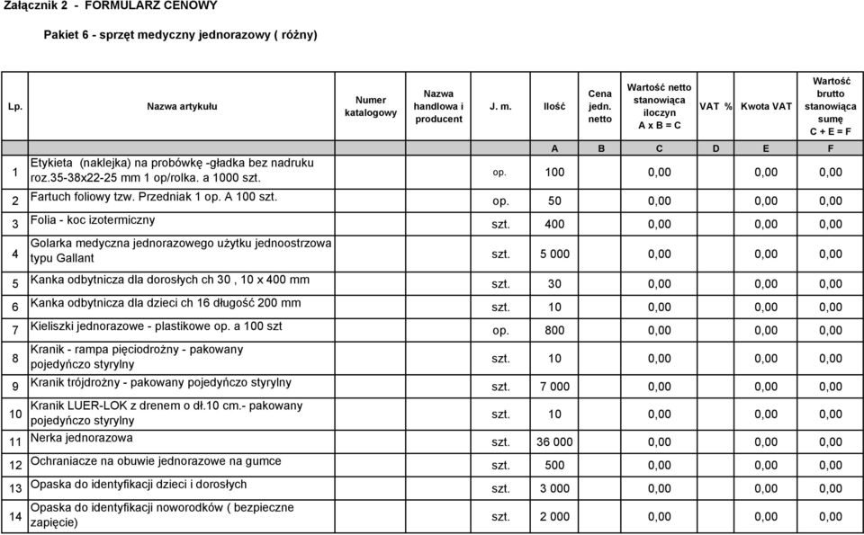 100 0,00 0,00 0,00 2 Fartuch foliowy tzw. Przedniak 1 op. A 100 szt. op. 50 0,00 0,00 0,00 3 Folia - koc izotermiczny szt.