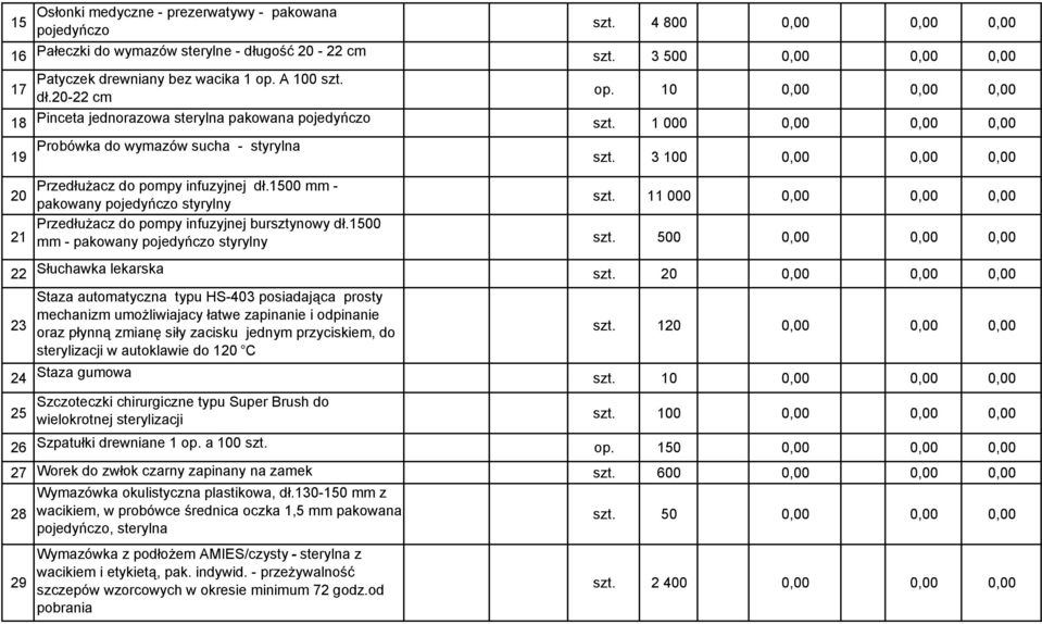 3 100 0,00 0,00 0,00 20 Przedłużacz do pompy infuzyjnej dł.1500 mm - pakowany pojedyńczo styrylny szt. 11 000 0,00 0,00 0,00 Przedłużacz do pompy infuzyjnej bursztynowy dł.