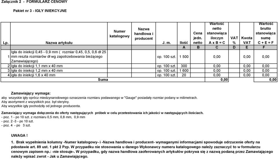 1 500 0,00 0,00 0,00 Zamawiającego) 2Igła do iniekcji 1,1 mm x 40 mm 3Iga ł do iniekcji 1,2 mm x 40 mm 4igła do iniekcji 1,6 x 40 mm op. 100 szt.