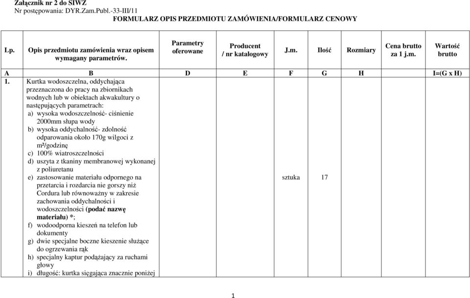 Kurtka wodoszczelna, oddychająca przeznaczona do pracy na zbiornikach wodnych lub w obiektach akwakultury o następujących parametrach: a) wysoka wodoszczelność- ciśnienie 2000mm słupa wody b) wysoka