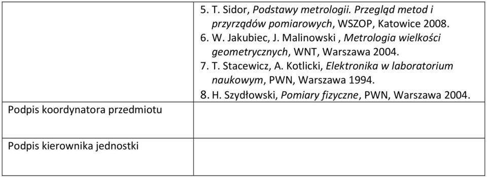 Malinowski, Metrologia wielkości geometrycznych, WNT, Warszawa 2004. 7. T. Stacewicz, A.