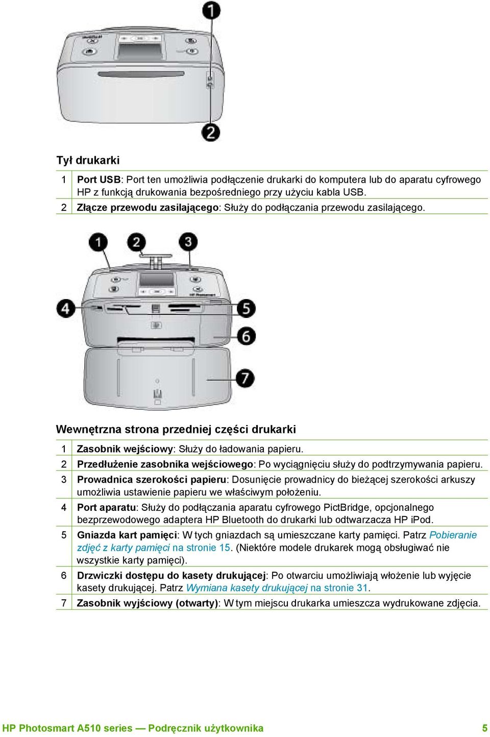 2 Przedłużenie zasobnika wejściowego: Po wyciągnięciu służy do podtrzymywania papieru.