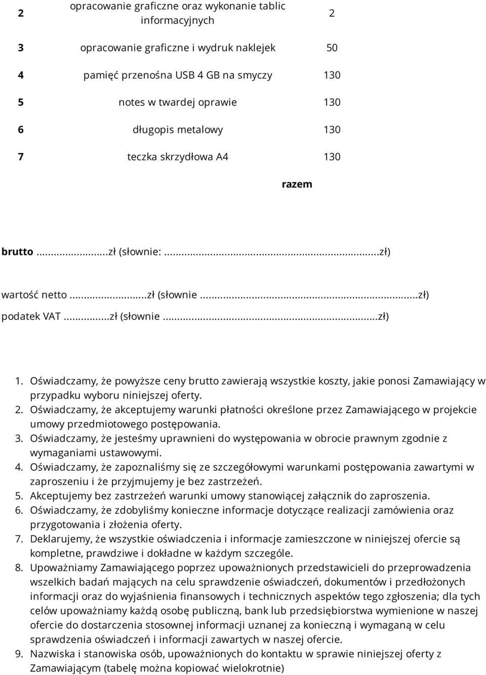 Oświadczamy, że powyższe ceny brutto zawierają wszystkie koszty, jakie ponosi Zamawiający w przypadku wyboru niniejszej oferty. 2.