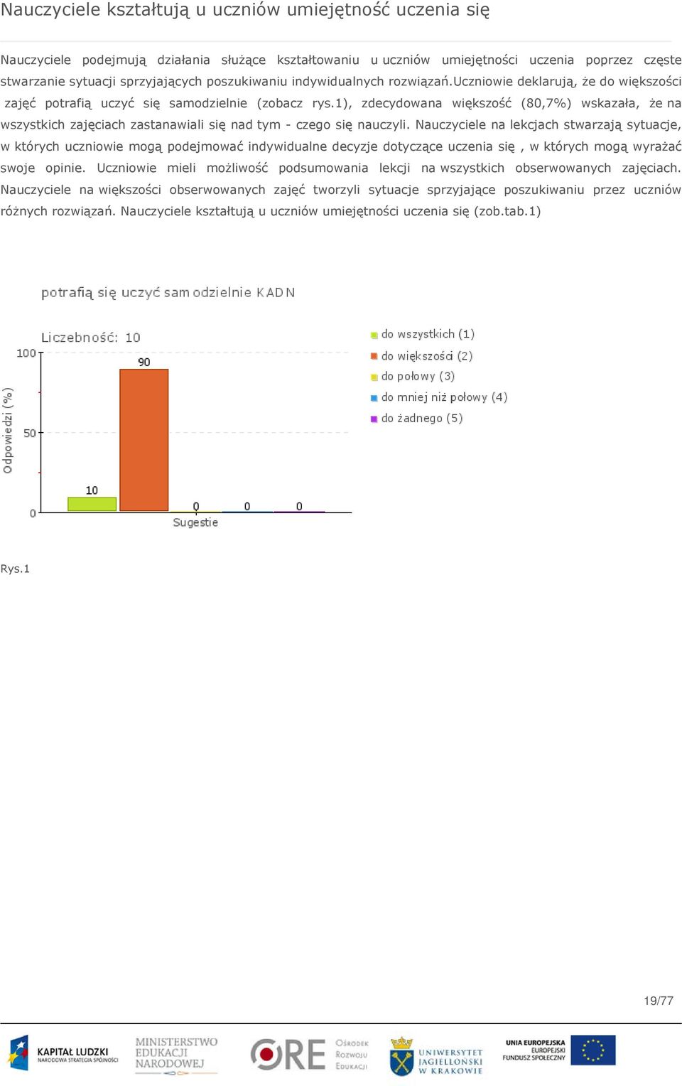 1), zdecydowana większość (80,7%) wskazała, że na wszystkich zajęciach zastanawiali się nad tym - czego się nauczyli.