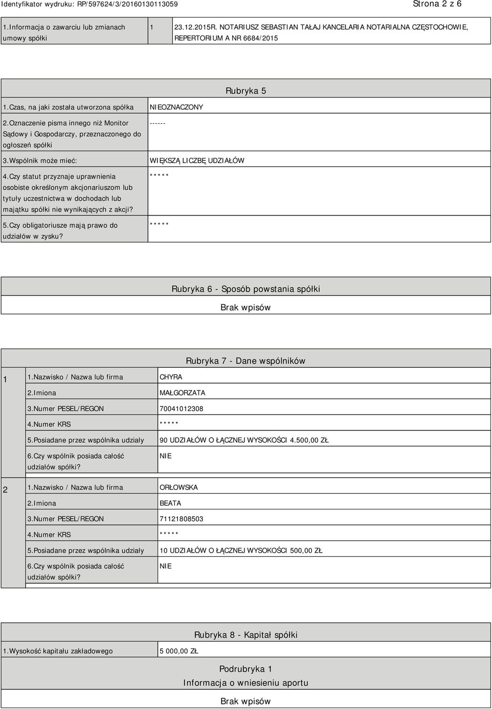 Czy statut przyznaje uprawnienia osobiste określonym akcjonariuszom lub tytuły uczestnictwa w dochodach lub majątku spółki nie wynikających z akcji? 5.