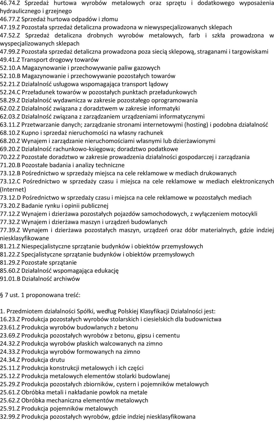 Z Pozostała sprzedaż detaliczna prowadzona poza siecią sklepową, straganami i targowiskami 49.41.Z Transport drogowy towarów 52.10.A Magazynowanie i przechowywanie paliw gazowych 52.10.B Magazynowanie i przechowywanie pozostałych towarów 52.