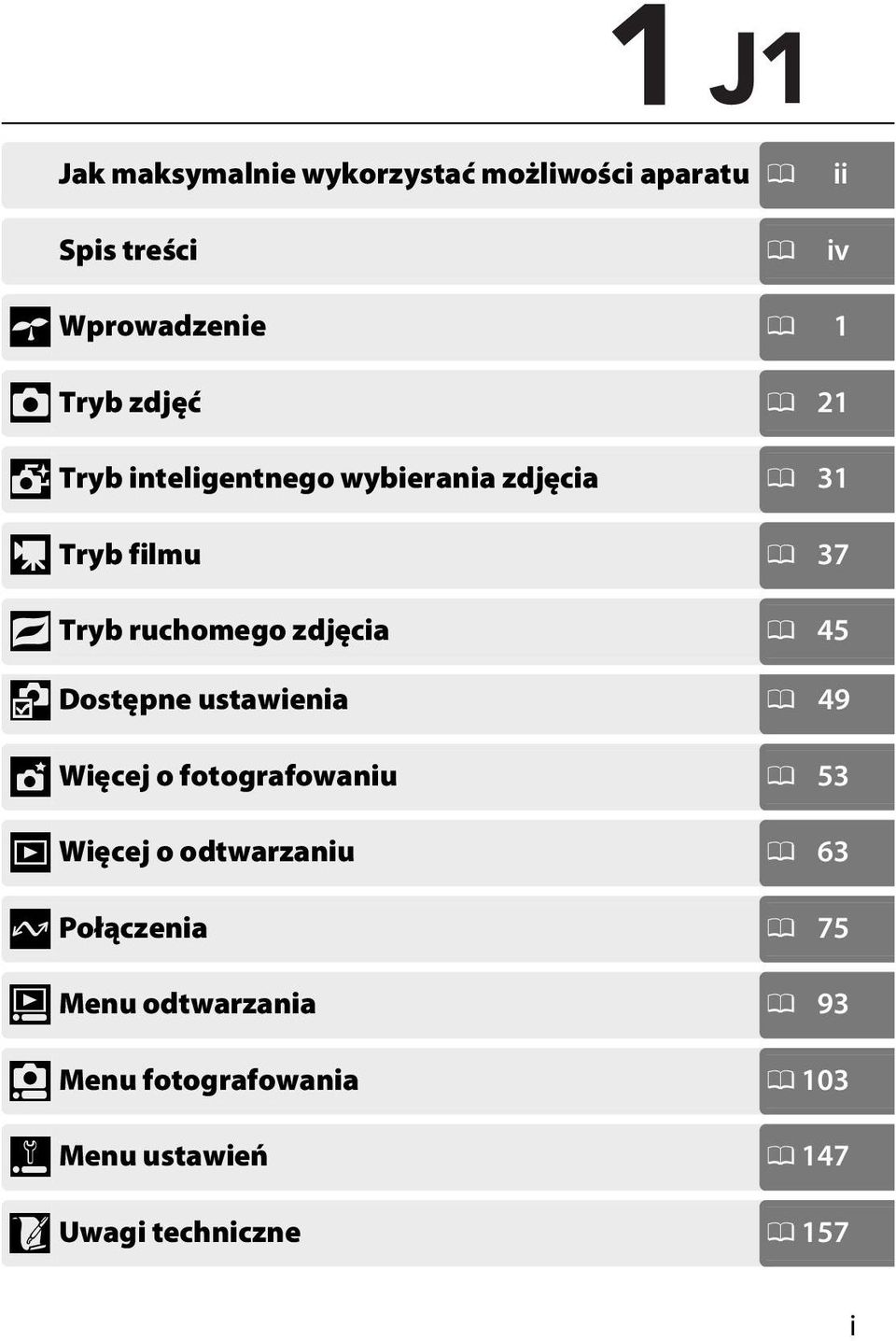 Dostępne ustawienia 0 49 t Więcej o fotografowaniu 0 53 I Więcej o odtwarzaniu 0 63 Q Połączenia 0