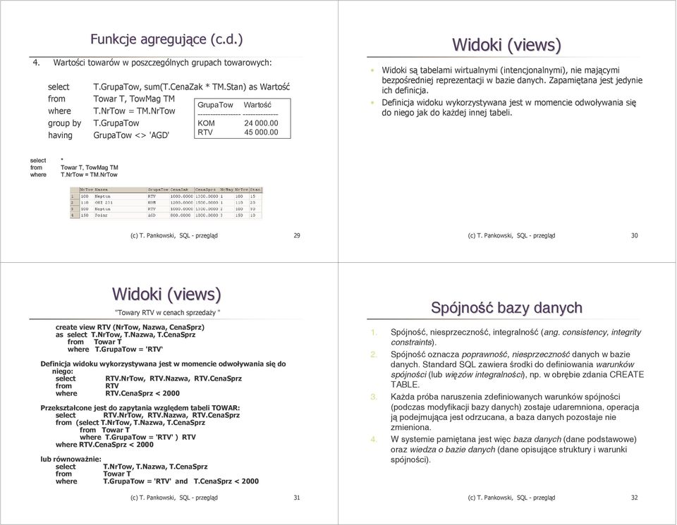 00 Widoki (views( views) Widoki są tabelami wirtualnymi (intencjonalnymi), nie mającymi bezpośredniej reprezentacji w bazie danych. Zapamiętana jest jedynie ich definicja.