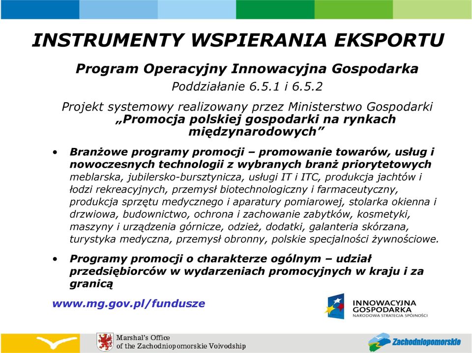 2 Projekt systemowy realizowany przez Ministerstwo Gospodarki Promocja polskiej gospodarki na rynkach międzynarodowych BranŜowe programy promocji promowanie towarów, usług i nowoczesnych technologii