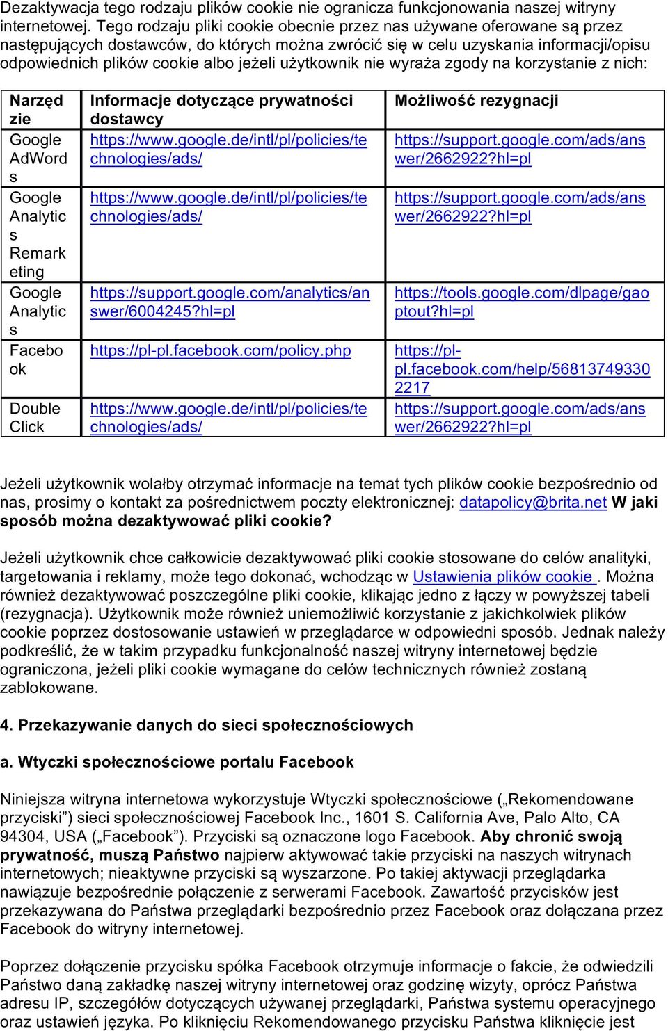 użytkownik nie wyraża zgody na korzystanie z nich: Narzęd zie Google AdWord s Google Analytic s Remark eting Google Analytic s Facebo ok Double Click Informacje dotyczące prywatności dostawcy