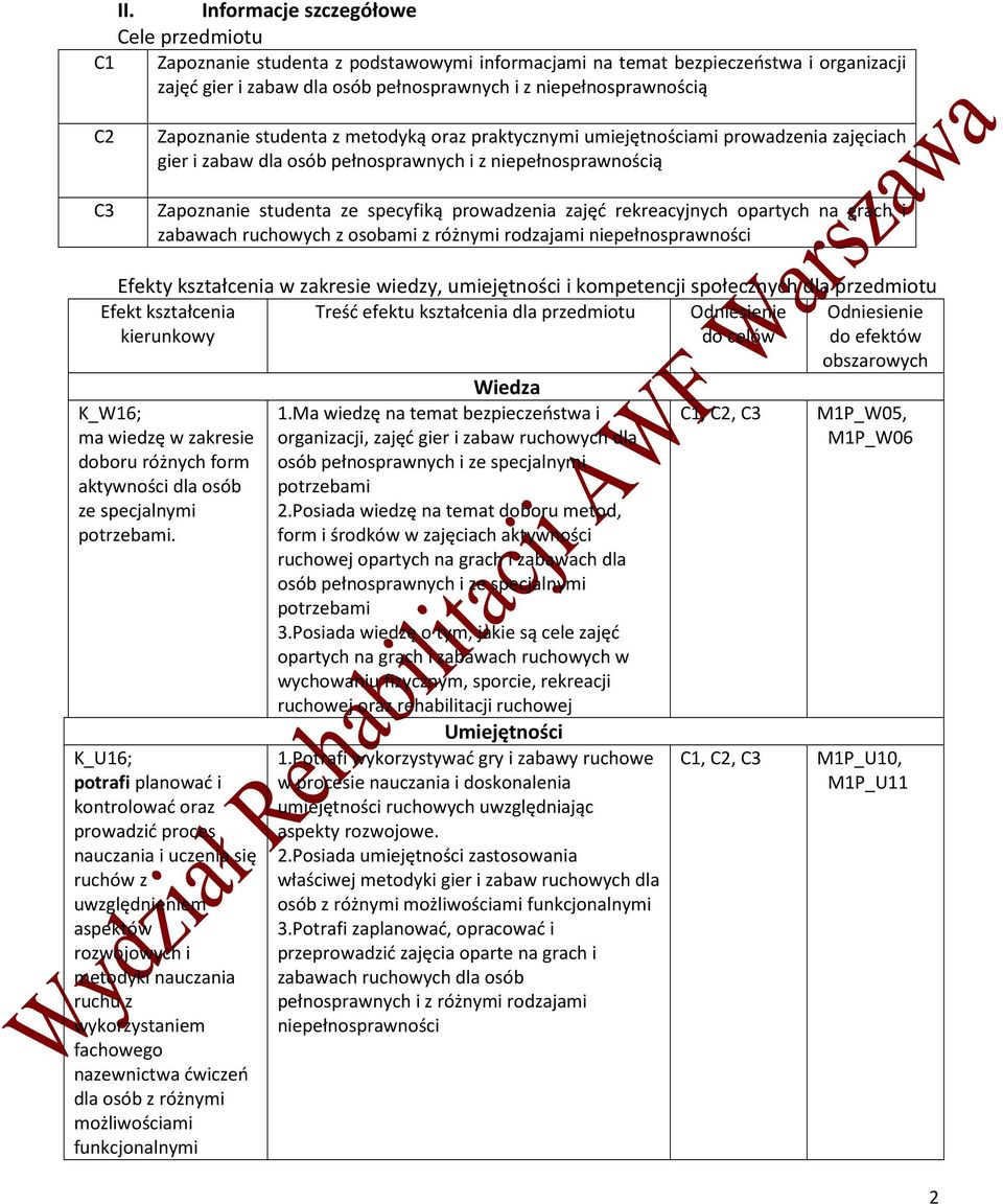 zajęć rekreacyjnych opartych na grach i zabawach ruchowych z osobami z różnymi rodzajami niepełnosprawności Efekty kształcenia w zakresie wiedzy, umiejętności i kompetencji społecznych dla przedmiotu