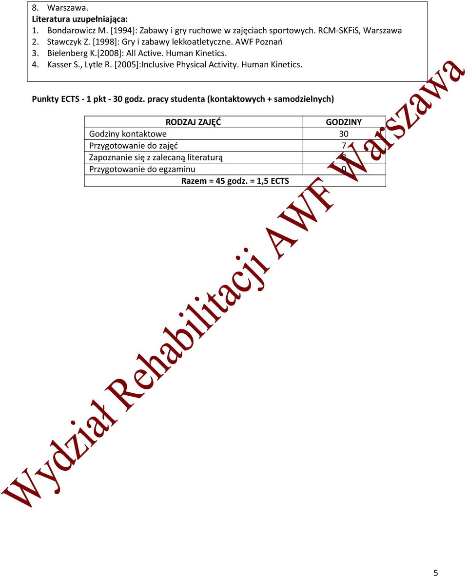 [2005]:Inclusive Physical Activity. Human Kinetics. Punkty ECTS - 1 pkt - 30 godz.