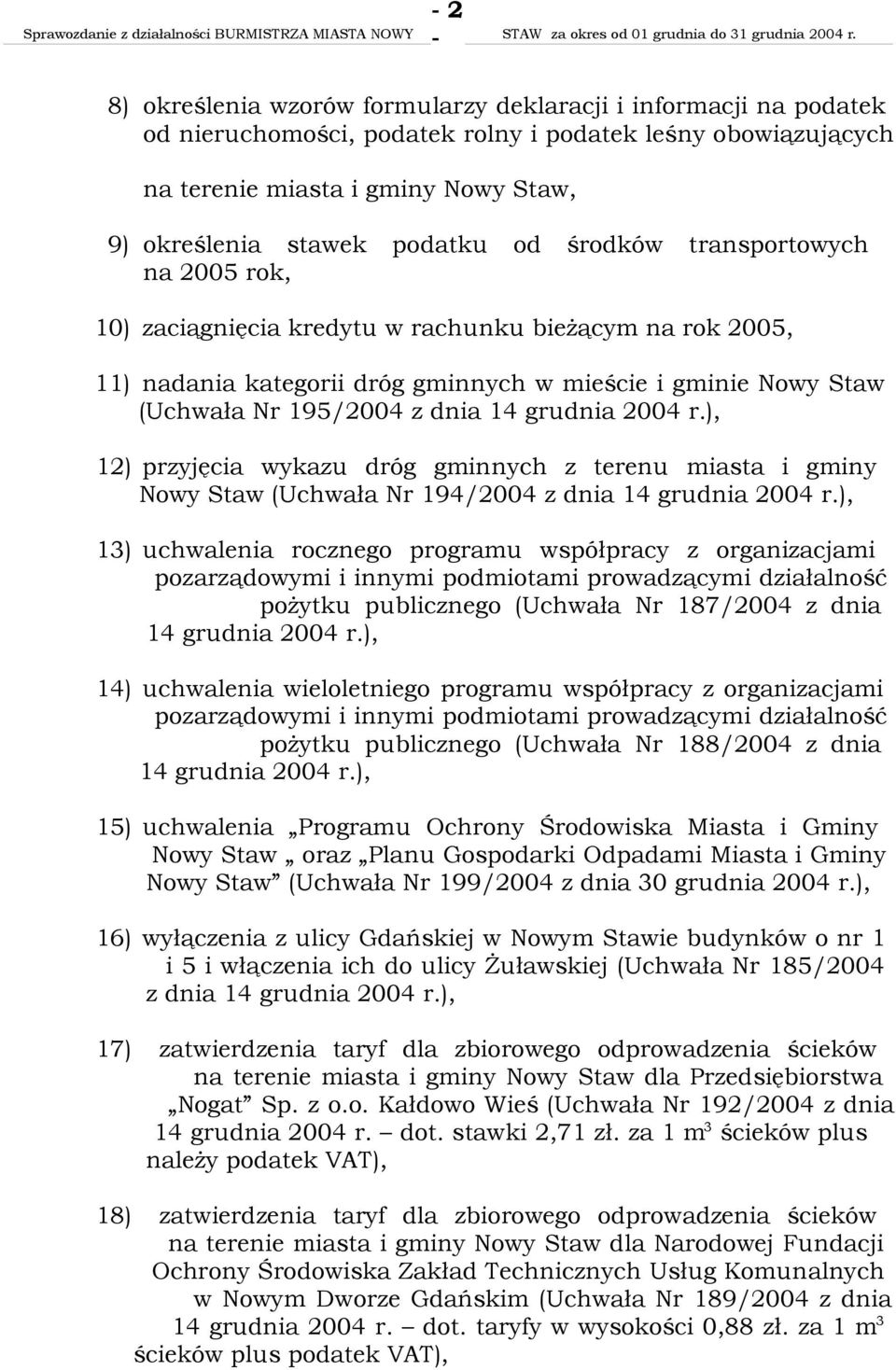 grudnia 2004 r.), 12) przyjęcia wykazu dróg gminnych z terenu miasta i gminy Nowy Staw (Uchwała Nr 194/2004 z dnia 14 grudnia 2004 r.