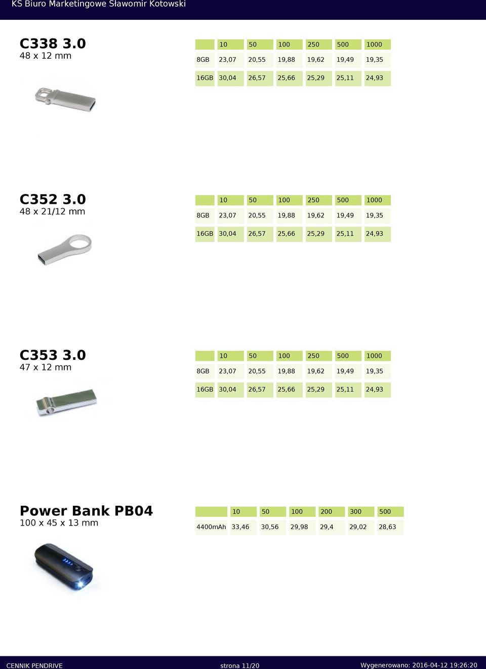 0 47 x 12 mm 0 23,07 20,55 19,88 19,62 19,49 19,35 16GB 30,04 26,57 25,66 25,29 25,11 24,93 Power Bank PB04 x