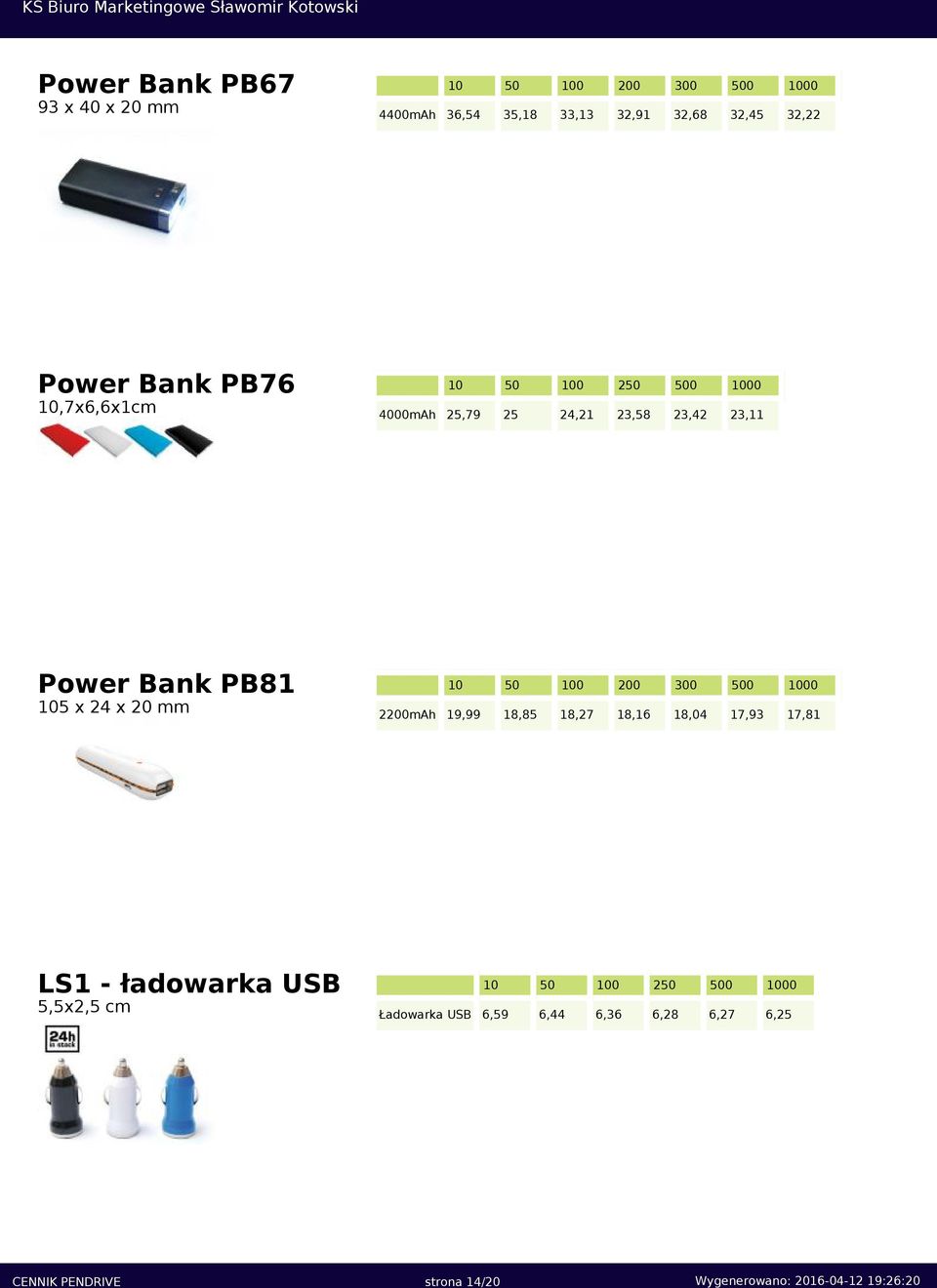 300 0 2200mAh 19,99 18,85 18,27 18,16 18,04 17,93 17,81 LS1 - ładowarka USB 5,5x2,5 cm 0