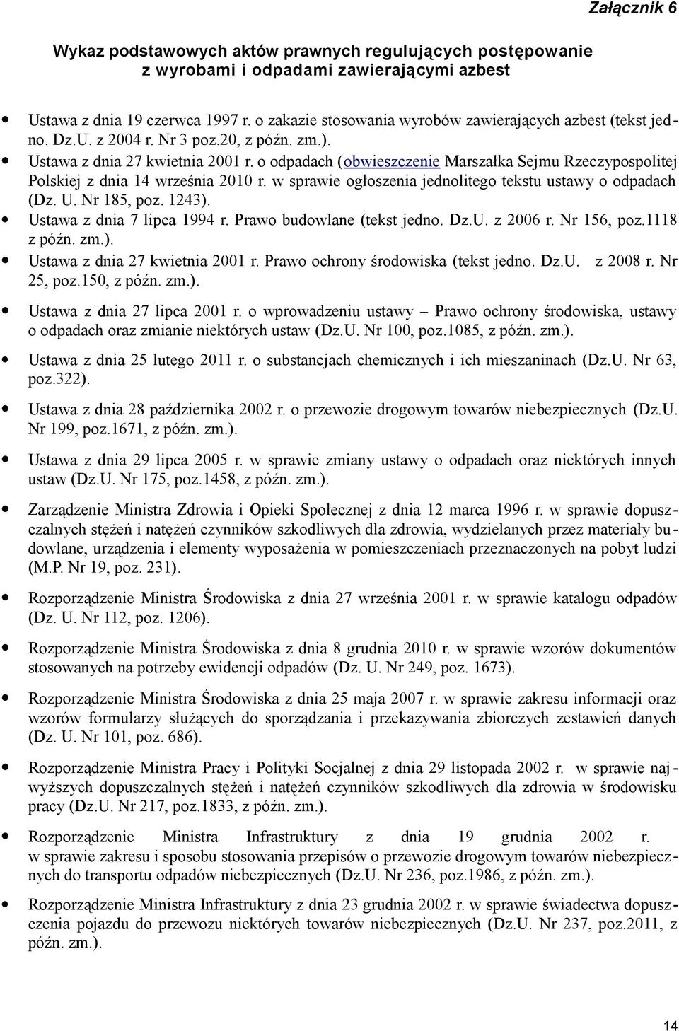 o odpadach (obwieszczenie Marszałka Sejmu Rzeczypospolitej Polskiej z dnia 14 września 2010 r. w sprawie ogłoszenia jednolitego tekstu ustawy o odpadach (Dz. U. Nr 185, poz. 1243).