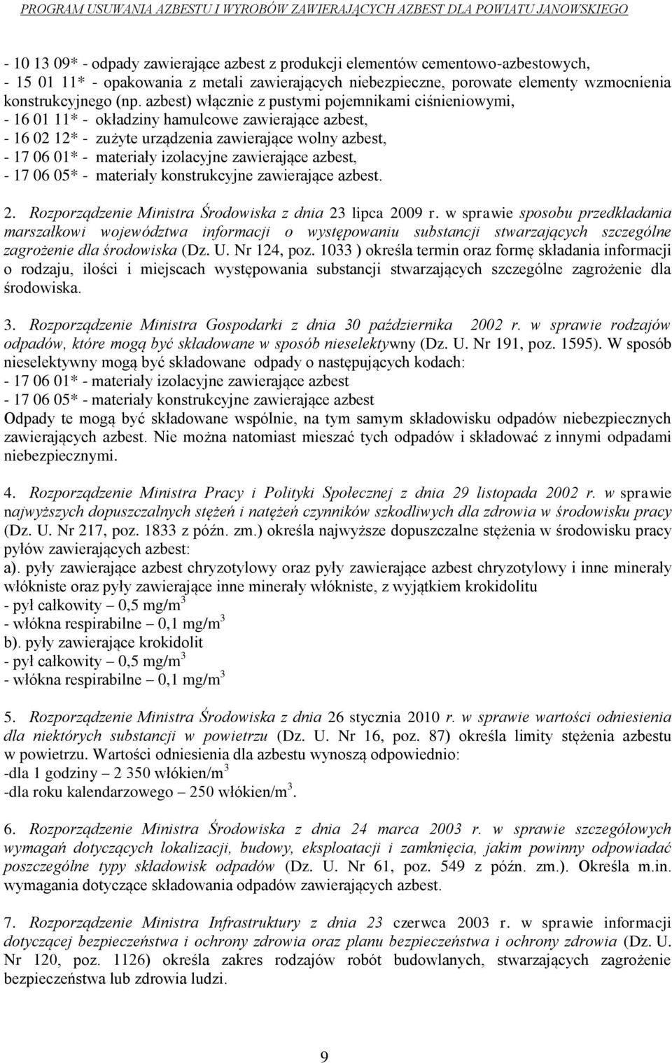 izolacyjne zawierające azbest, - 17 06 05* - materiały konstrukcyjne zawierające azbest. 2. Rozporządzenie Ministra Środowiska z dnia 23 lipca 2009 r.