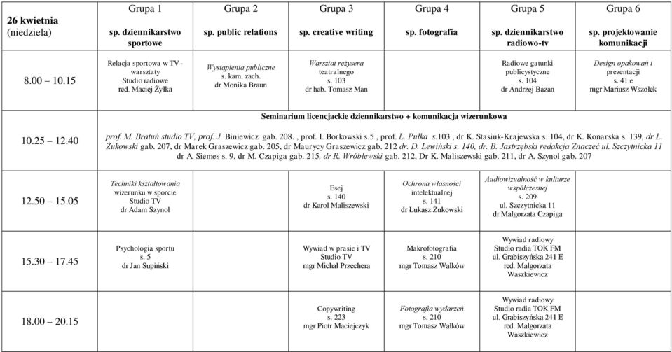 J. Biniewicz gab. 208., prof. I. Borkowski s.5, prof. L. Pułka s.103, dr K. Stasiuk-Krajewska 04, dr K. Konarska, dr Ł. Żukowski gab. 207, dr Marek Graszewicz gab. 205, dr Maurycy Graszewicz gab.