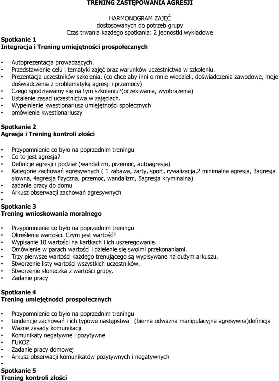 (co chce aby inni o mnie wiedzieli, doświadczenia zawodowe, moje doświadczenia z problematyką agresji i przemocy) Czego spodziewamy się na tym szkoleniu?