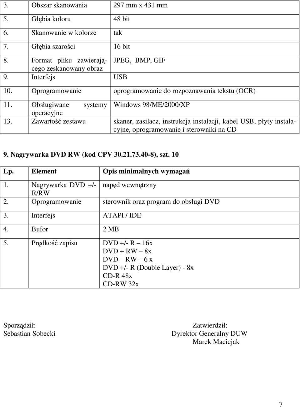 Zawartość zestawu skaner, zasilacz, instrukcja instalacji, kabel USB, płyty instalacyjne, oprogramowanie i sterowniki na CD 9. Nagrywarka DVD RW (kod CPV 30.21.73.40-8), szt. 10 1.