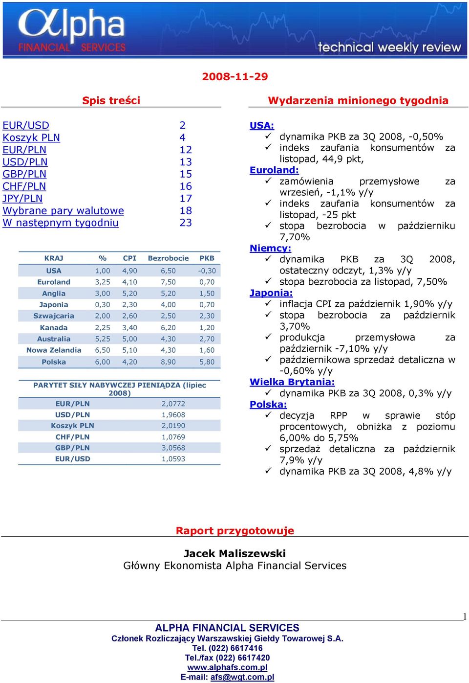 4,30 1,60 Polska 6,00 4,20 8,90 5,80 PARYTET SIŁY NABYWCZEJ PIENIĄDZA (lipiec 2008) EUR/PLN 2,0772 USD/PLN 1,9608 Koszyk PLN 2,0190 CHF/PLN 1,0769 GBP/PLN 3,0568 EUR/USD 1,0593 Wydarzenia minionego