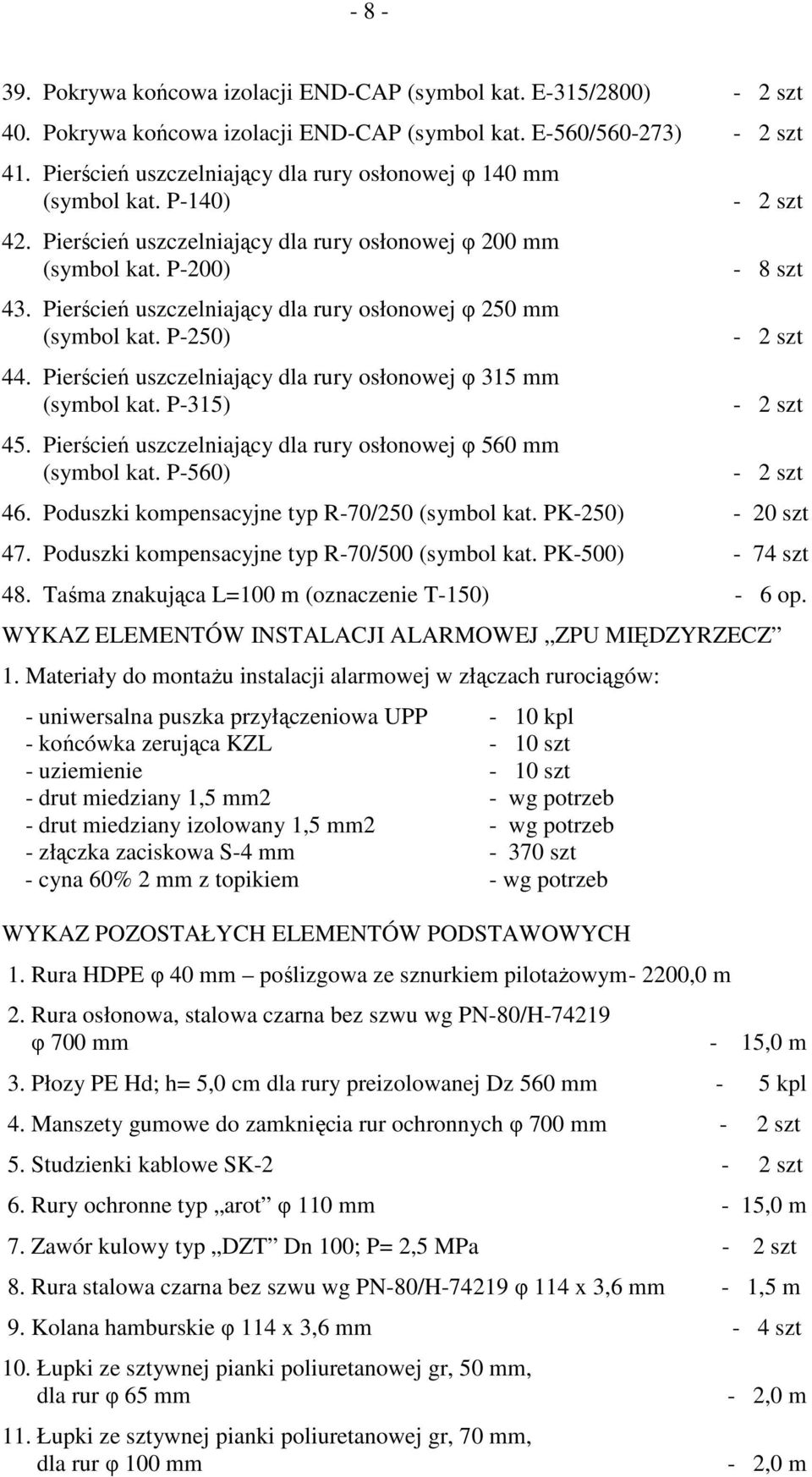 Pierścień uszczelniający dla rury osłonowej φ 250 mm (symbol kat. P-250) 44. Pierścień uszczelniający dla rury osłonowej φ 315 mm (symbol kat. P-315) 45.