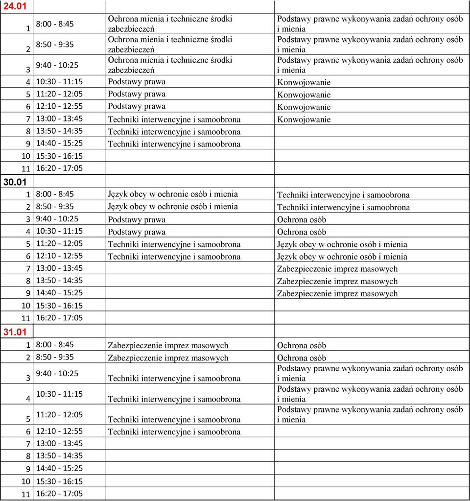 10:30-11:15 Ochrona osób 5 11:20-12:05 Język obcy w ochronie osób 6 12:10-12:55 Język obcy w ochronie osób 7