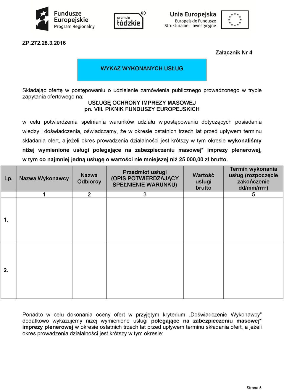 w celu potwierdzenia spełniania warunków udziału w postępowaniu dotyczących posiadania wiedzy i doświadczenia, oświadczamy, że w okresie ostatnich trzech lat przed upływem terminu składania ofert, a