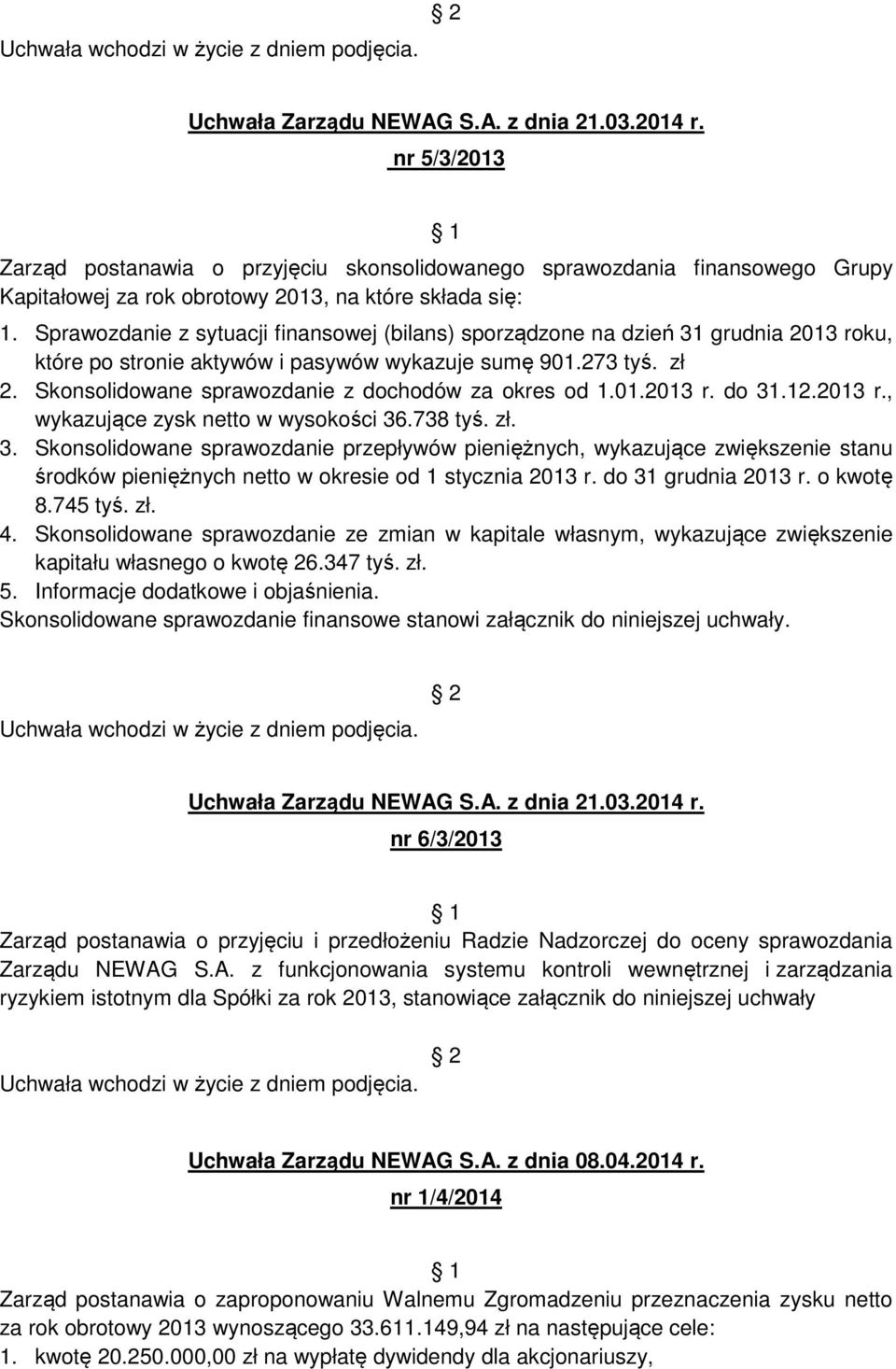 Skonsolidowane sprawozdanie z dochodów za okres od 1.01.2013 r. do 31