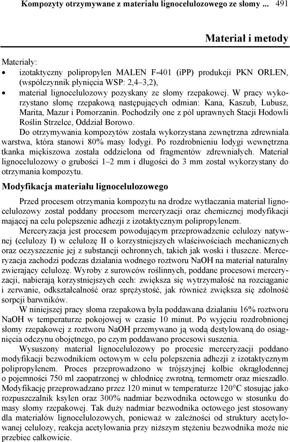 W pracy wykorzystano słomę rzepakową następujących odmian: Kana, Kaszub, Lubusz, Marita, Mazur i Pomorzanin. Pochodziły one z pól uprawnych Stacji Hodowli Roślin Strzelce, Oddział Borowo.