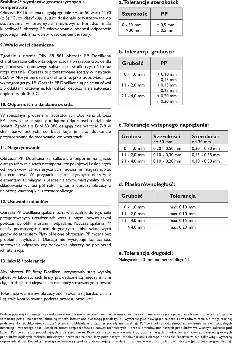 Właściwości chemiczne Zgodnie z normą DIN 68 861 obrzeża PP Doellkena charakteryzuje całkowita odporność na wszystkie typowe dla gospodarstwa domowego substancje i środki czystości oraz