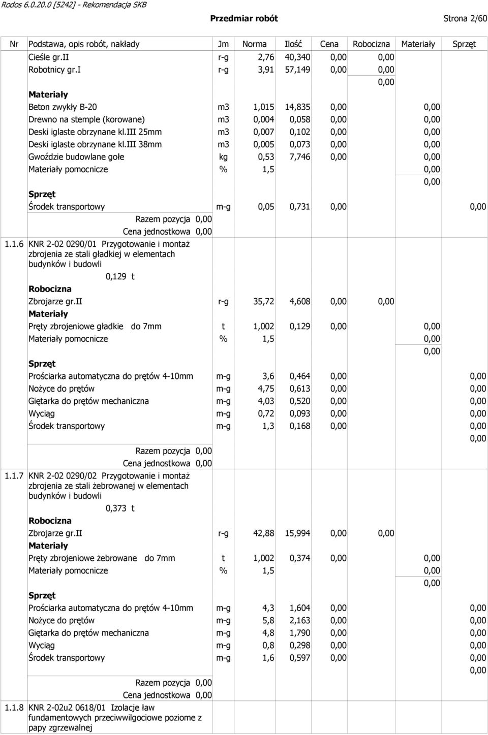 iii 38mm m3 5 0,073 Gwoździe budowlane gołe kg 0,53 7,746 pomocnicze % 1,5 Środek transportowy m-g 0,05 0,731 Razem pozycja Cena jednostkowa 1.1.6 KNR 2-02 0290/01 Przygotowanie i montaż zbrojenia ze stali gładkiej w elementach budynków i budowli 0,129 t Zbrojarze gr.